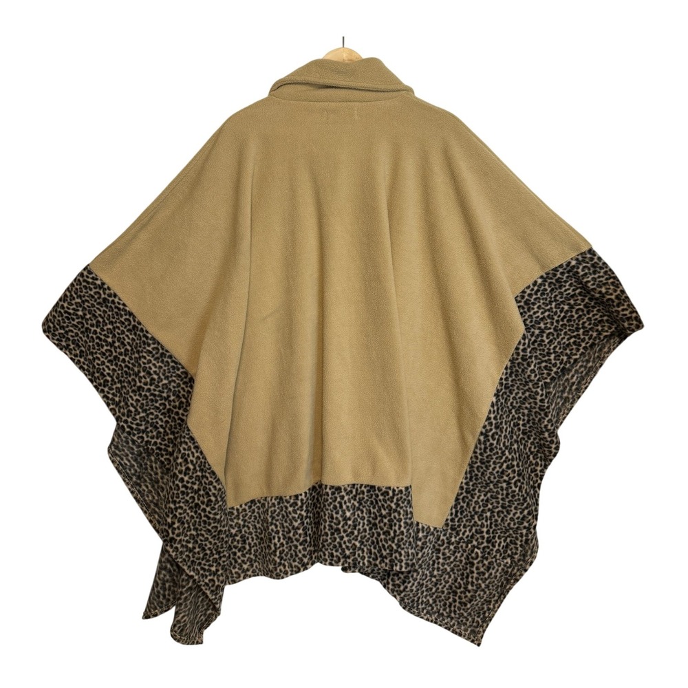 Le‎ Moda Camel Color Fleece Cape Poncho Leopard Print Trim Mob Wife Retro Chic - Picture 4 of 13
